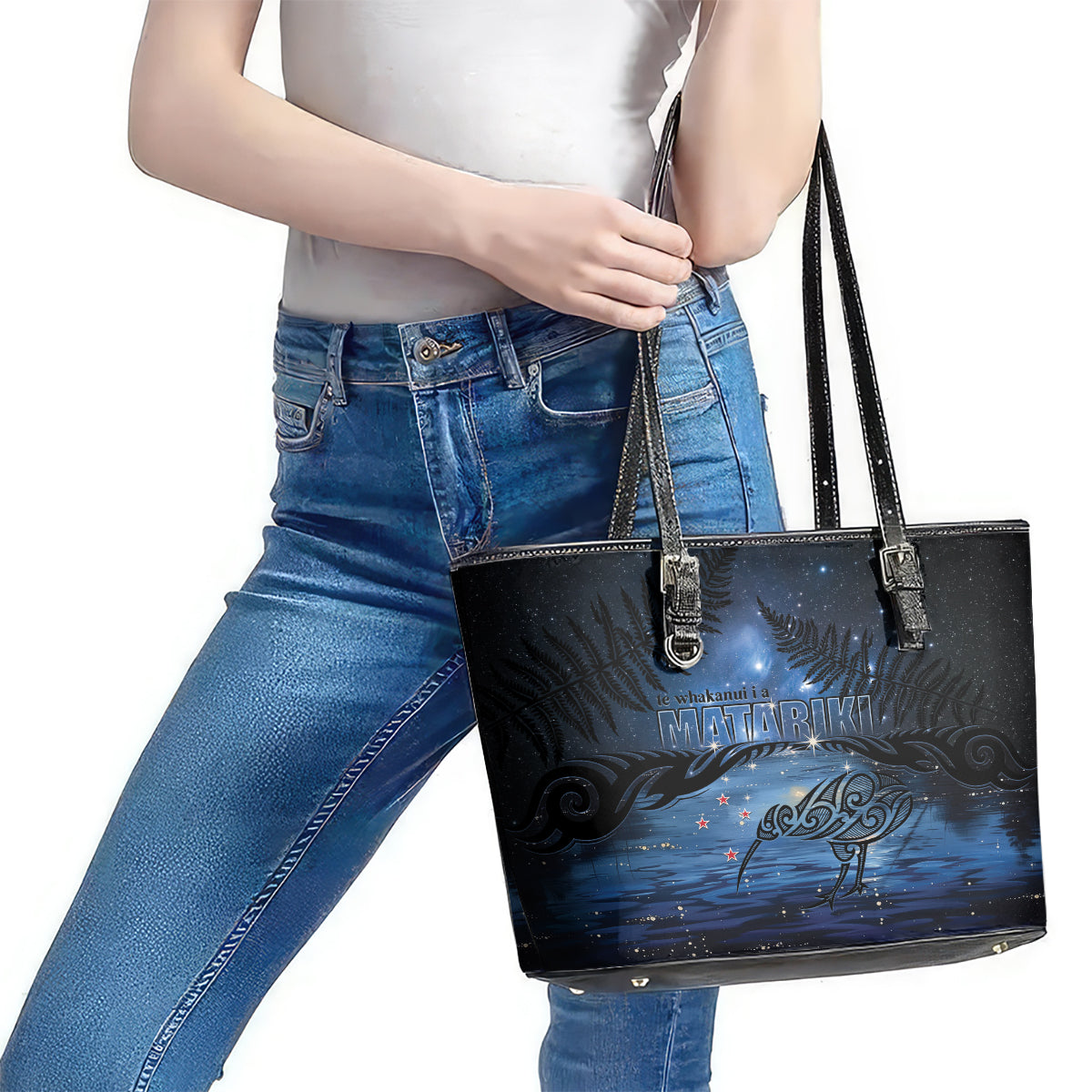 Matariki Kiwi Leather Tote Bag Silver Fern LT01 - Polynesian Pride