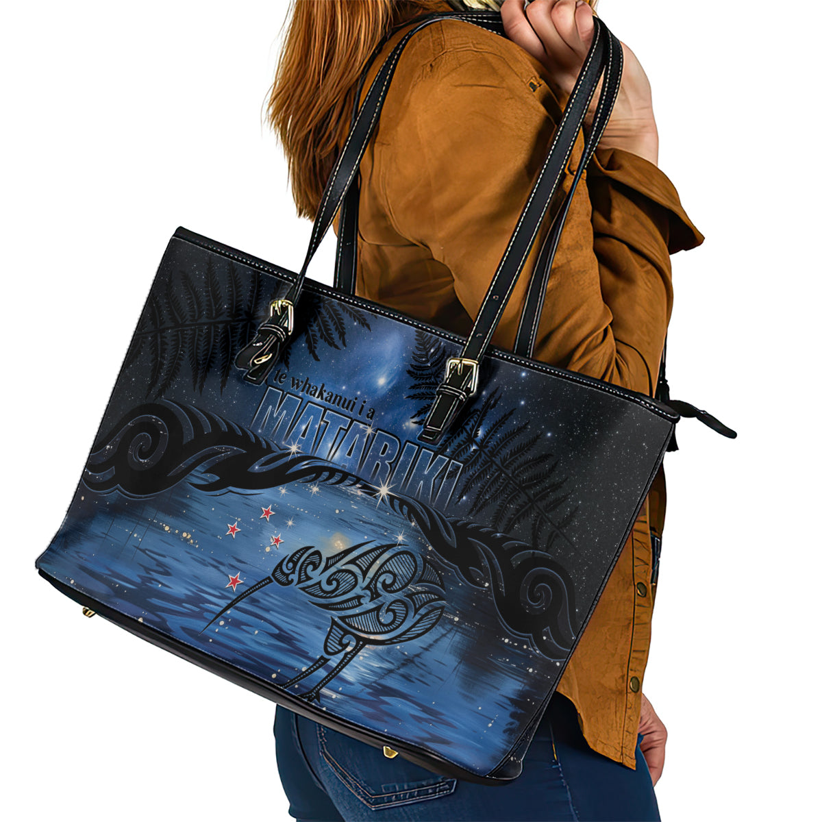 Matariki Kiwi Leather Tote Bag Silver Fern LT01 - Polynesian Pride