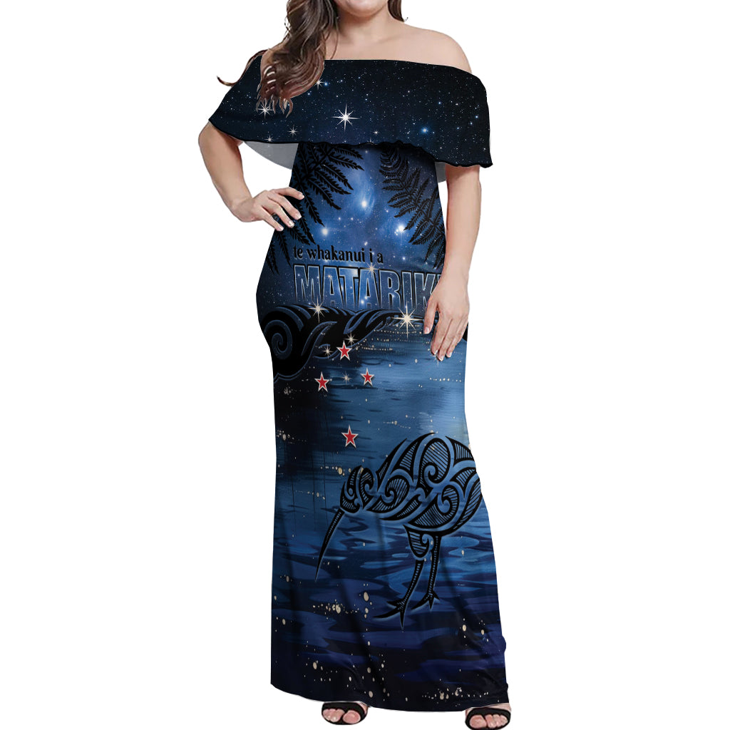 Personalised Matariki Kiwi Off Shoulder Maxi Dress Silver Fern