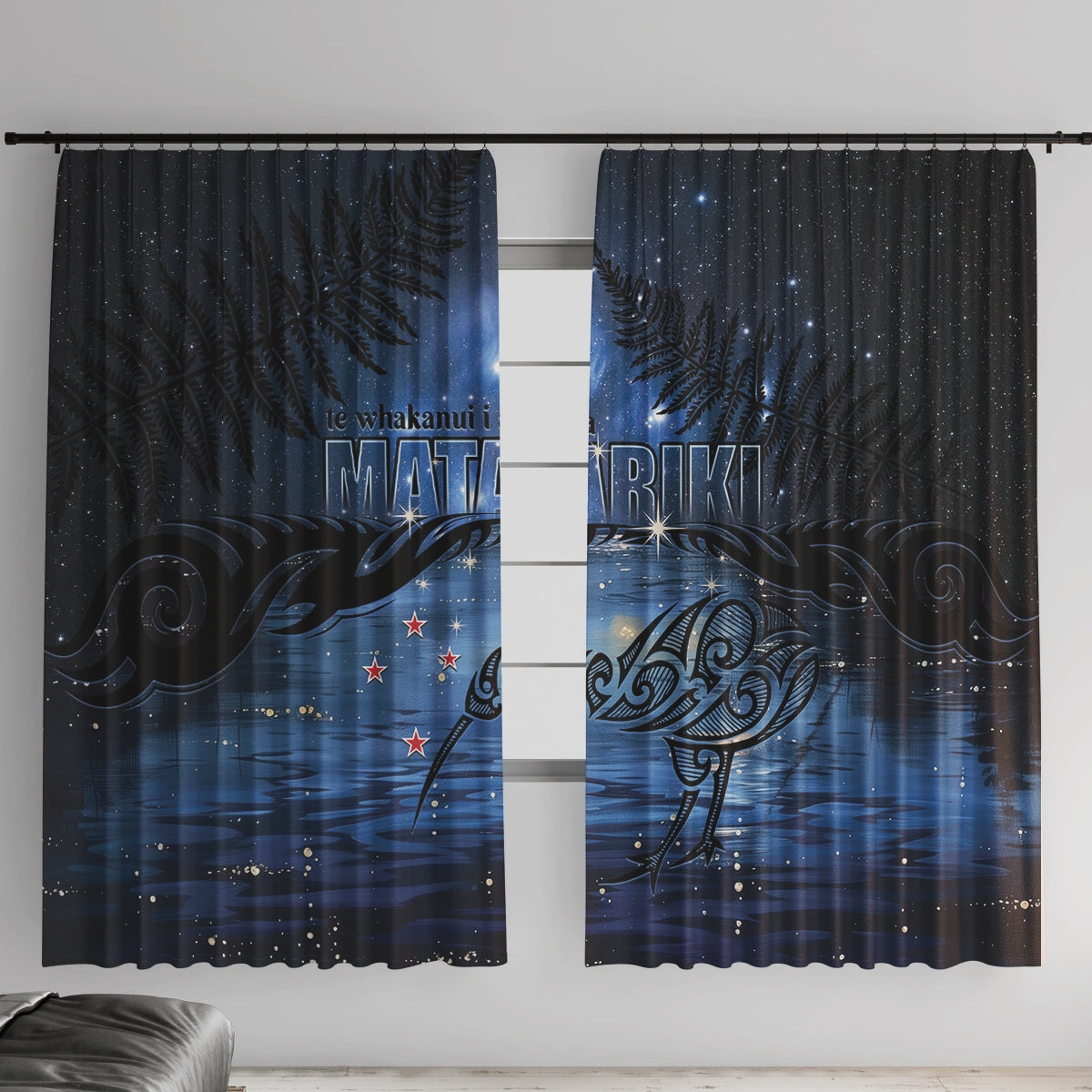 Matariki Kiwi Window Curtain Silver Fern LT01 With Hooks Black - Polynesian Pride