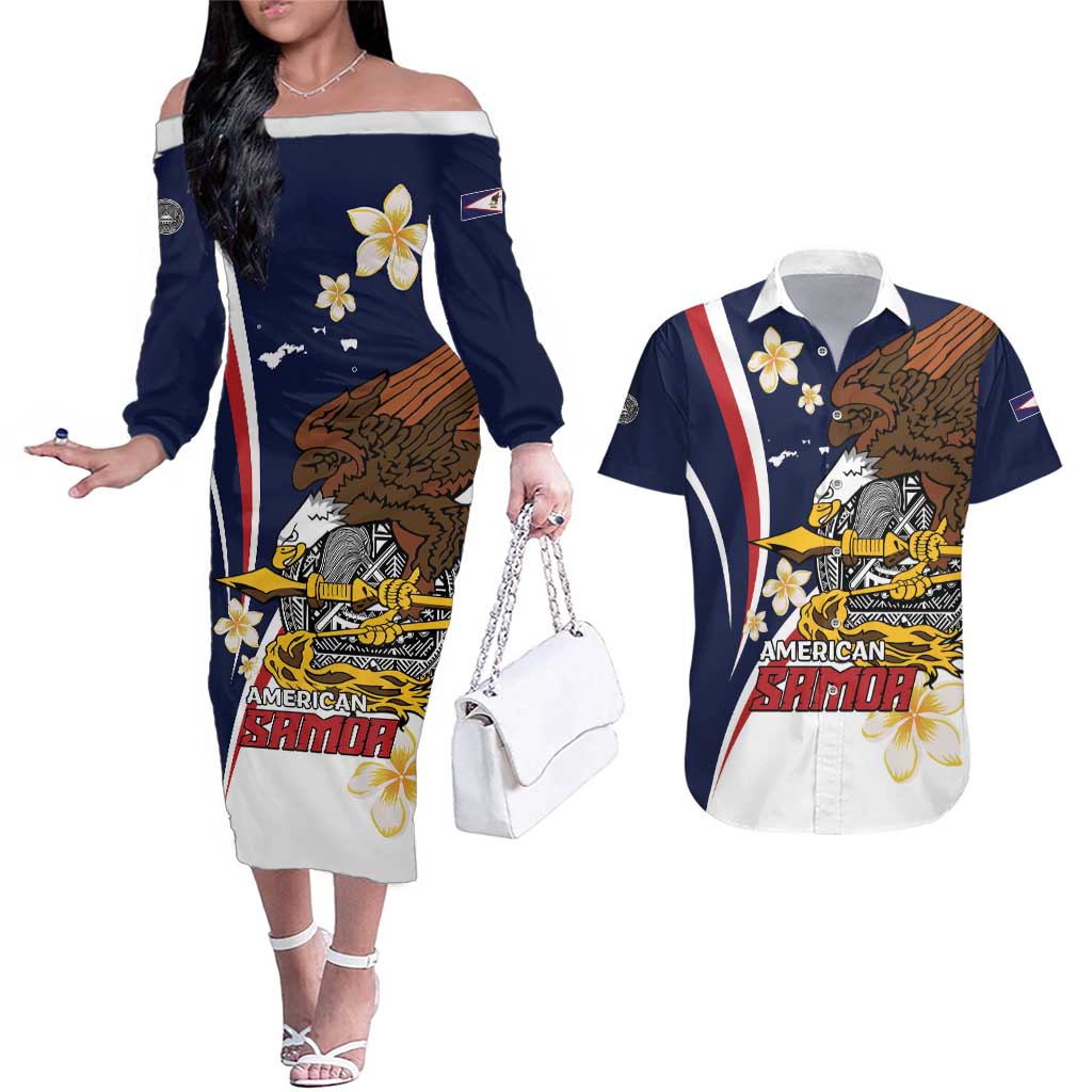 Personalized American Samoa Couples Matching Off The Shoulder Long Sleeve Dress and Hawaiian Shirt Amerika Samoa Bald Eagle