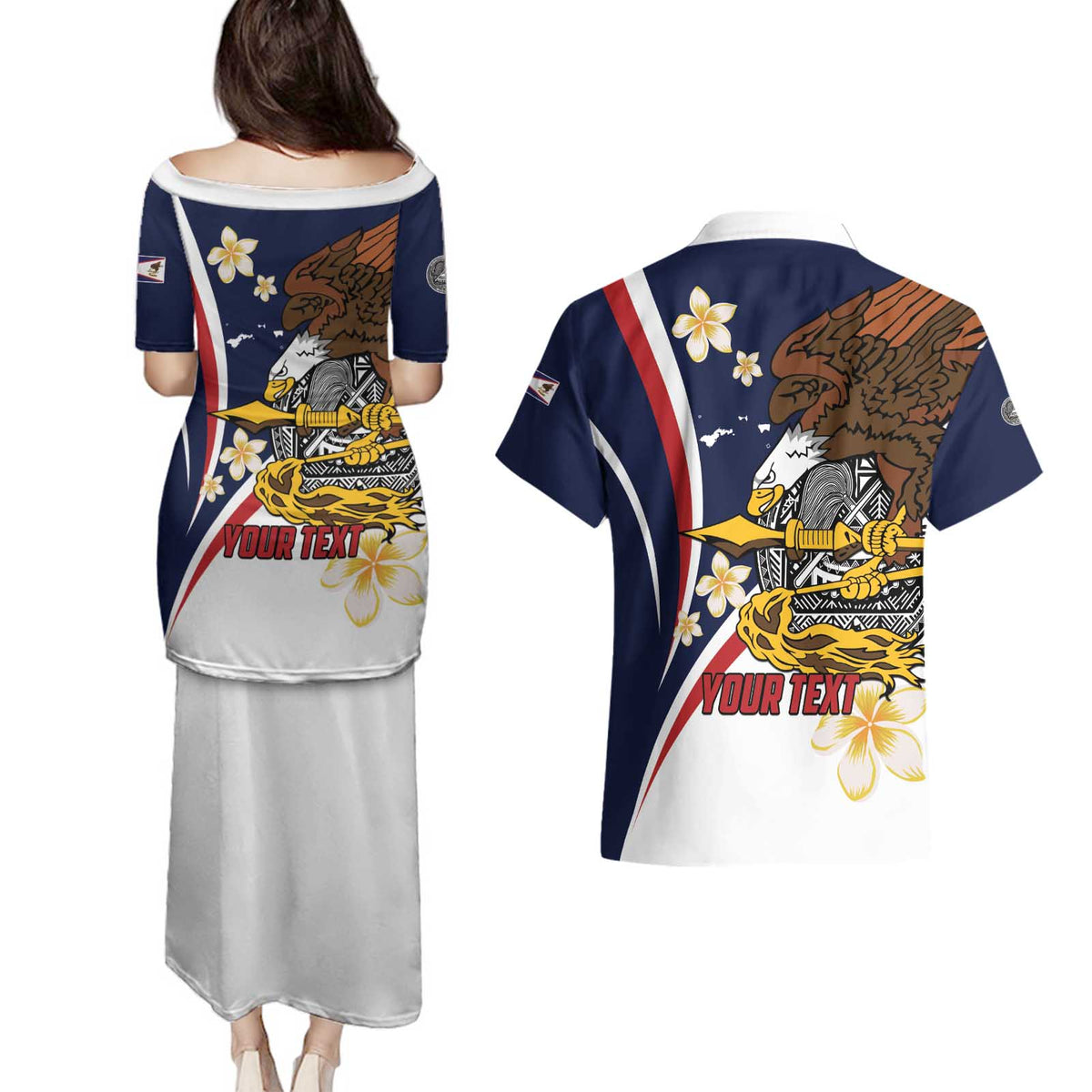 Personalized American Samoa Couples Matching Puletasi and Hawaiian Shirt Amerika Samoa Bald Eagle