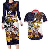 American Samoa Eagle Kava Bowl Couples Matching Long Sleeve Bodycon Dress and Hawaiian Shirt Plumeria Polynesian Pattern