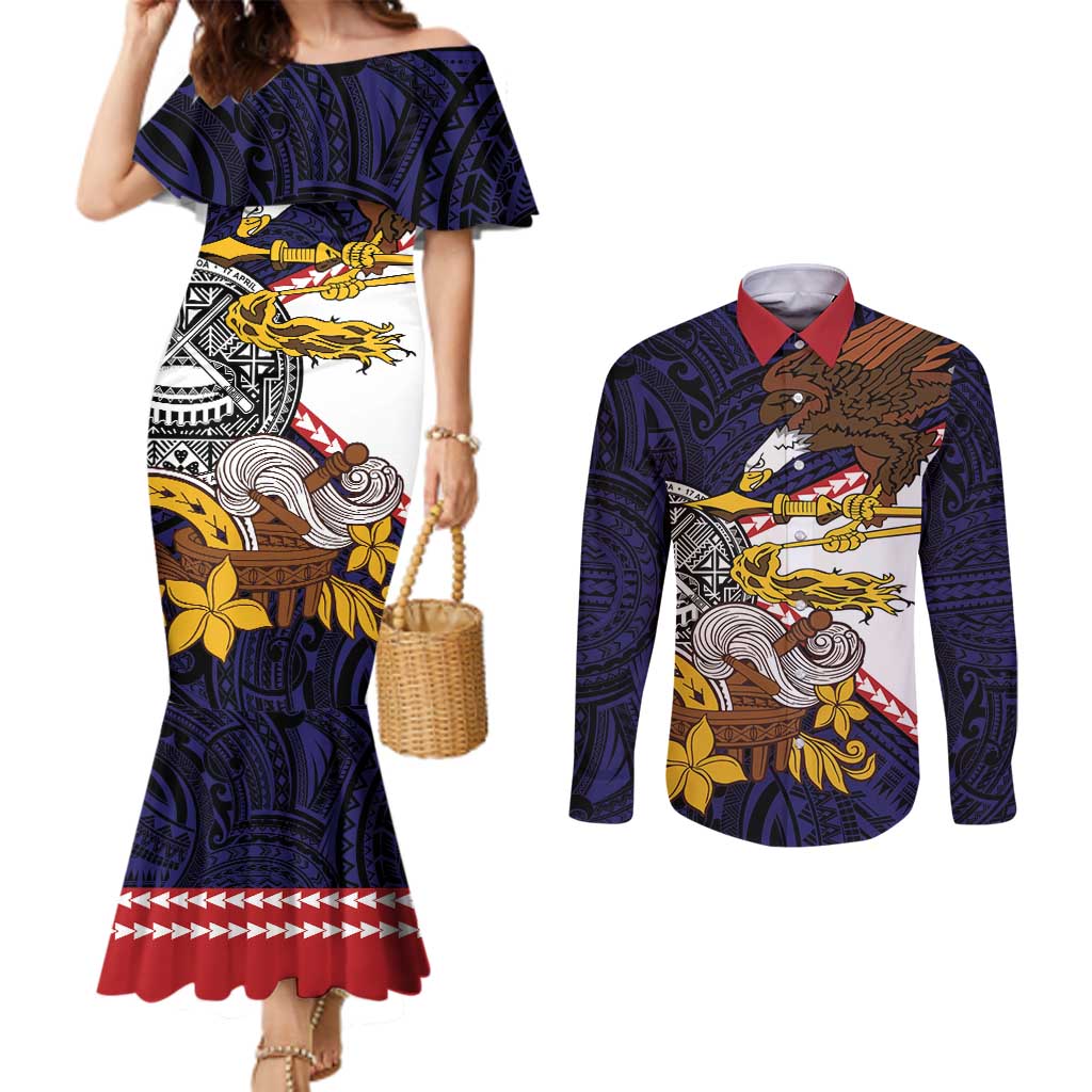 American Samoa Eagle Kava Bowl Couples Matching Mermaid Dress and Long Sleeve Button Shirt Plumeria Polynesian Pattern