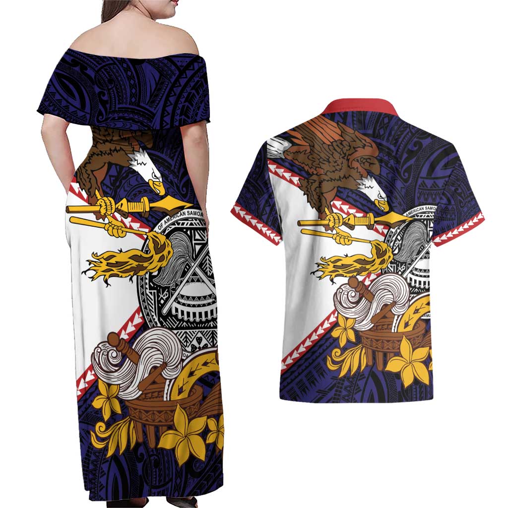 American Samoa Eagle Kava Bowl Couples Matching Off Shoulder Maxi Dress and Hawaiian Shirt Plumeria Polynesian Pattern