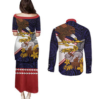 American Samoa Eagle Kava Bowl Couples Matching Puletasi and Long Sleeve Button Shirt Plumeria Polynesian Pattern
