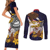 American Samoa Eagle Kava Bowl Couples Matching Short Sleeve Bodycon Dress and Long Sleeve Button Shirt Plumeria Polynesian Pattern