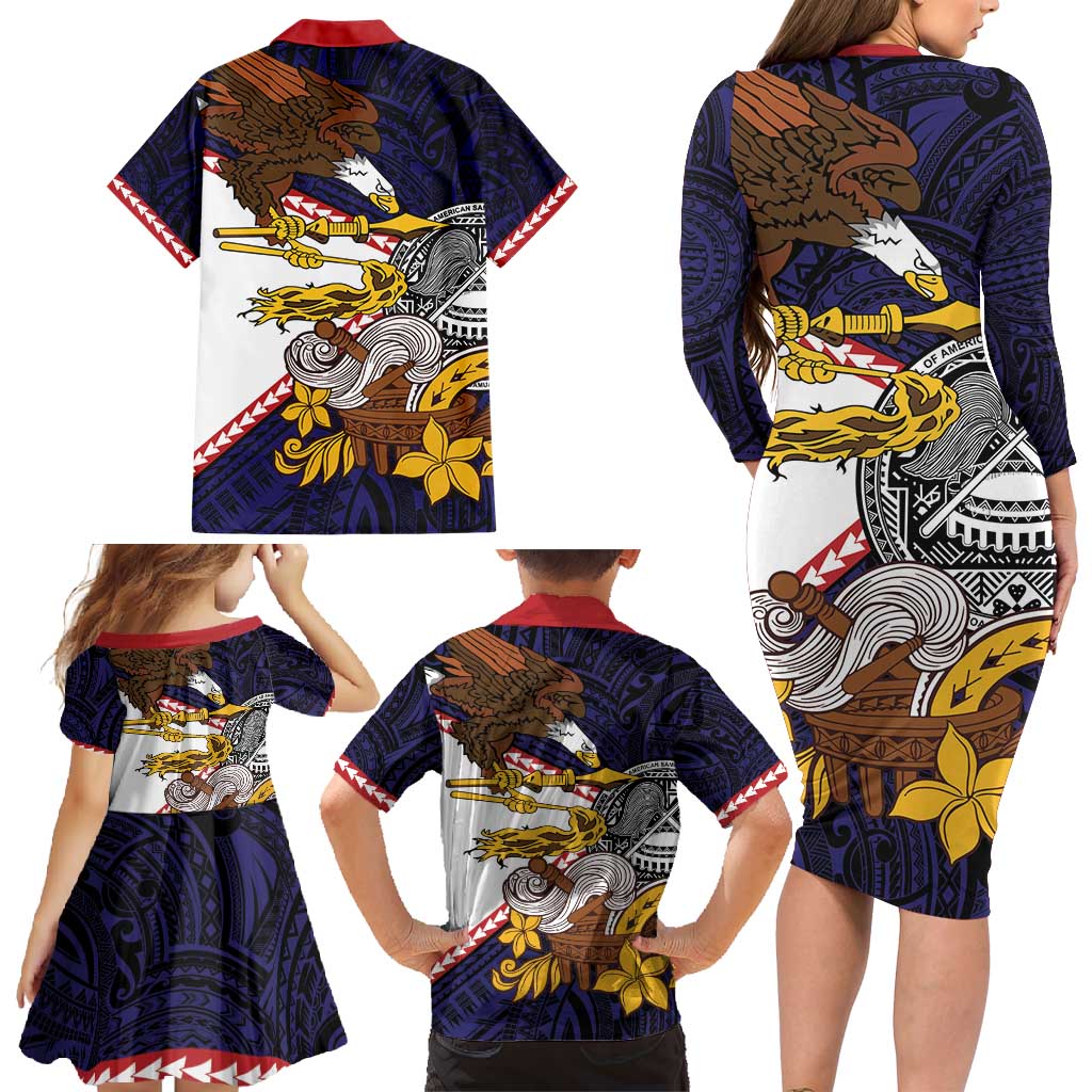 American Samoa Eagle Kava Bowl Family Matching Long Sleeve Bodycon Dress and Hawaiian Shirt Plumeria Polynesian Pattern