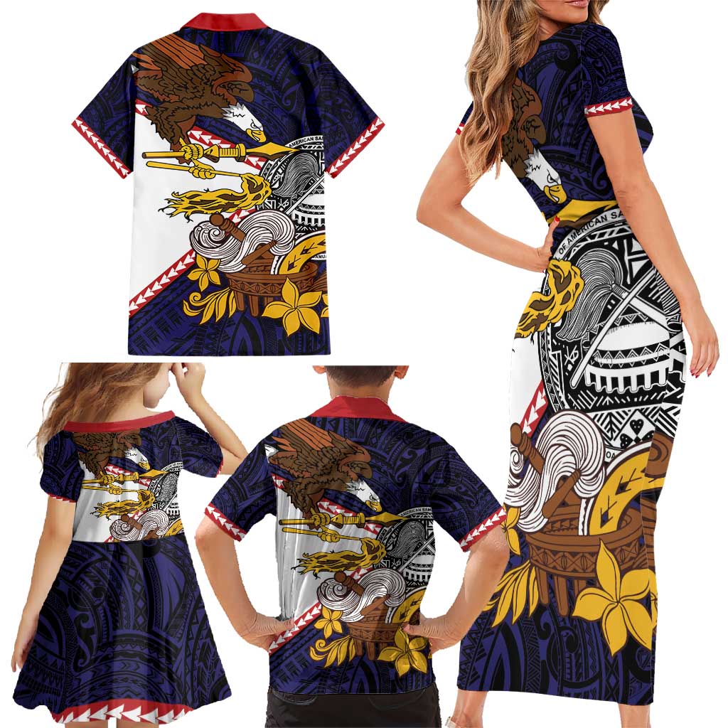 American Samoa Eagle Kava Bowl Family Matching Short Sleeve Bodycon Dress and Hawaiian Shirt Plumeria Polynesian Pattern
