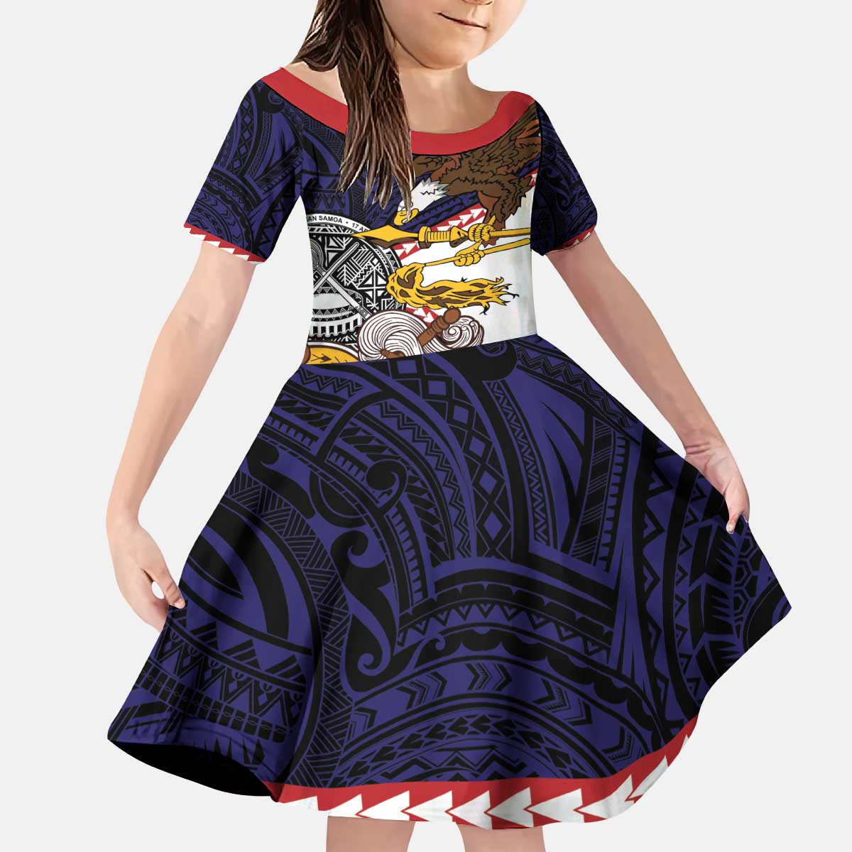 American Samoa Eagle Kava Bowl Kid Short Sleeve Dress Plumeria Polynesian Pattern
