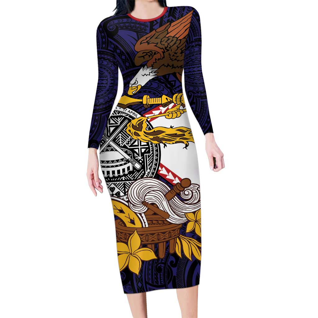 American Samoa Eagle Kava Bowl Long Sleeve Bodycon Dress Plumeria Polynesian Pattern