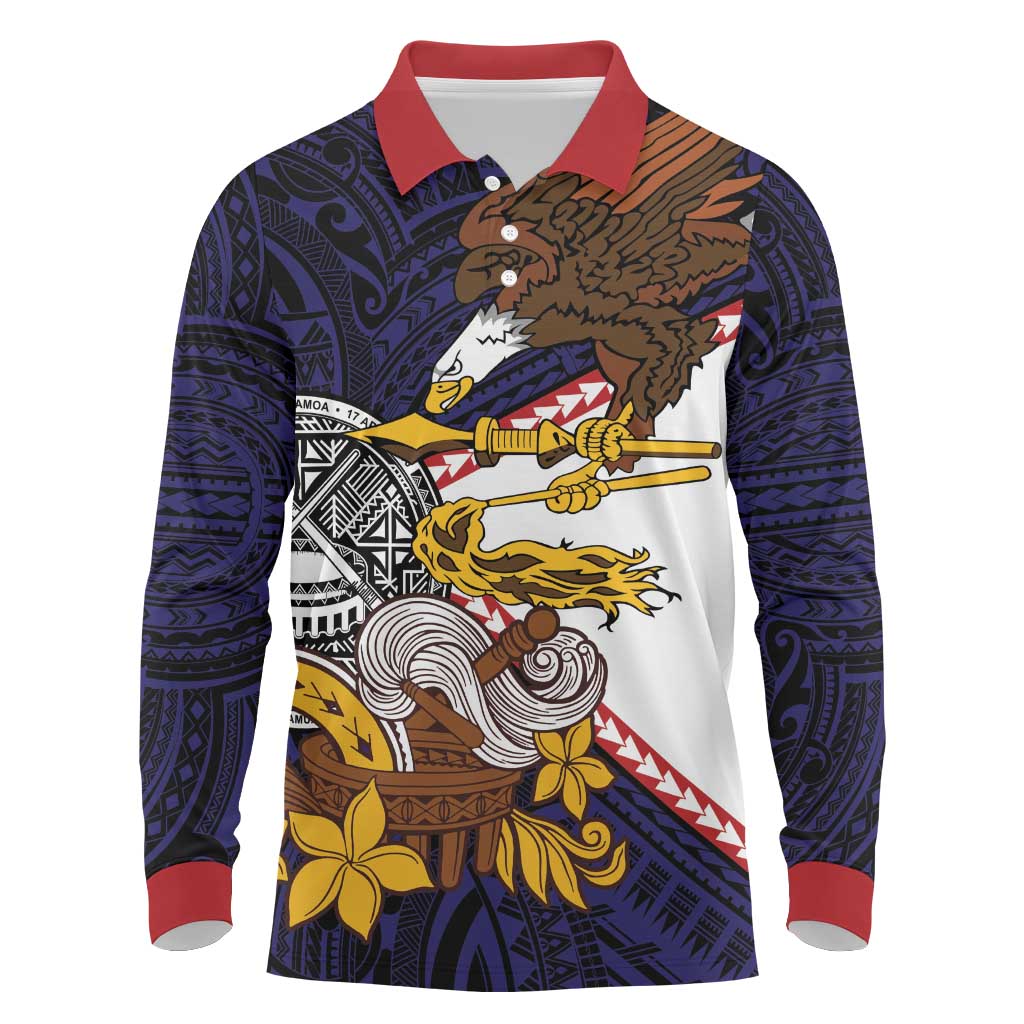 American Samoa Eagle Kava Bowl Long Sleeve Polo Shirt Plumeria Polynesian Pattern