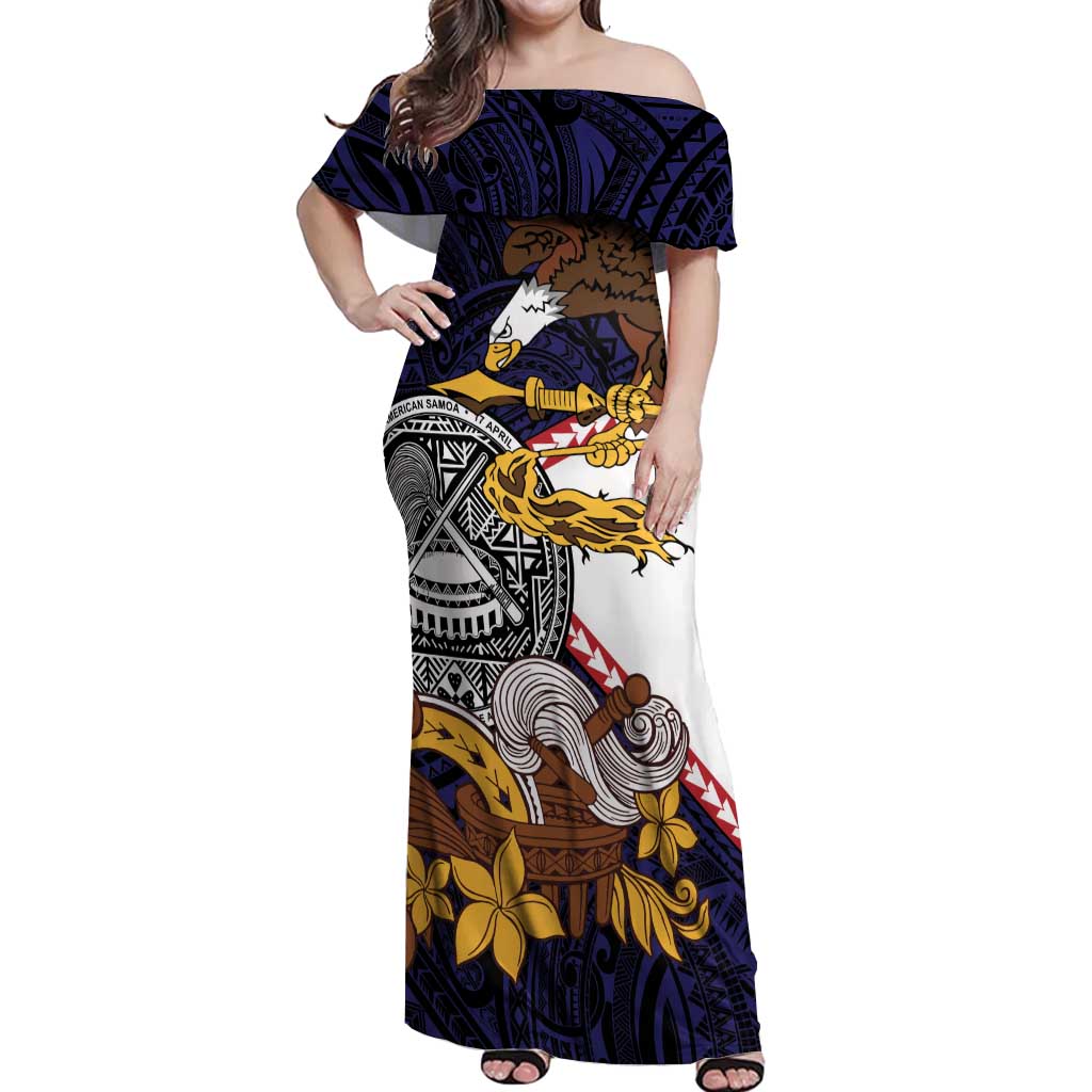 American Samoa Eagle Kava Bowl Off Shoulder Maxi Dress Plumeria Polynesian Pattern