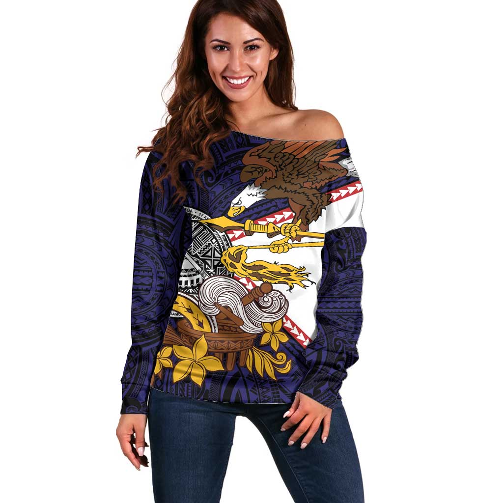 American Samoa Eagle Kava Bowl Off Shoulder Sweater Plumeria Polynesian Pattern