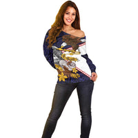 American Samoa Eagle Kava Bowl Off Shoulder Sweater Plumeria Polynesian Pattern