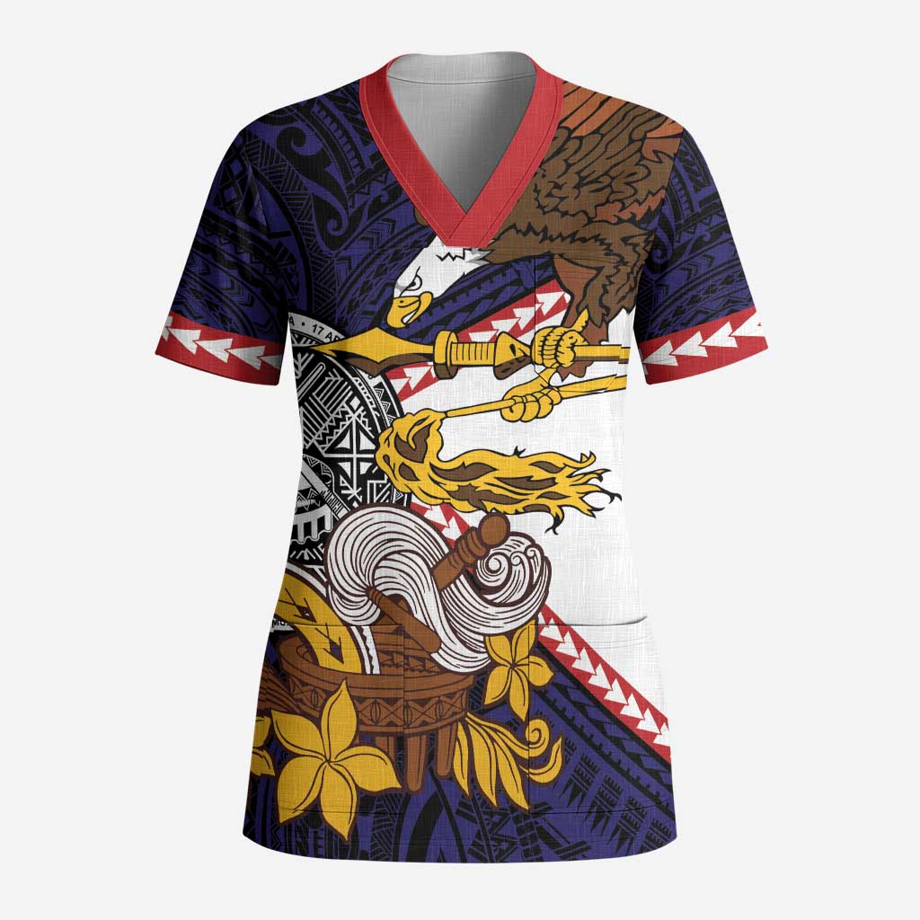 American Samoa Eagle Kava Bowl Scrub Top Plumeria Polynesian Pattern - Polynesian Pride