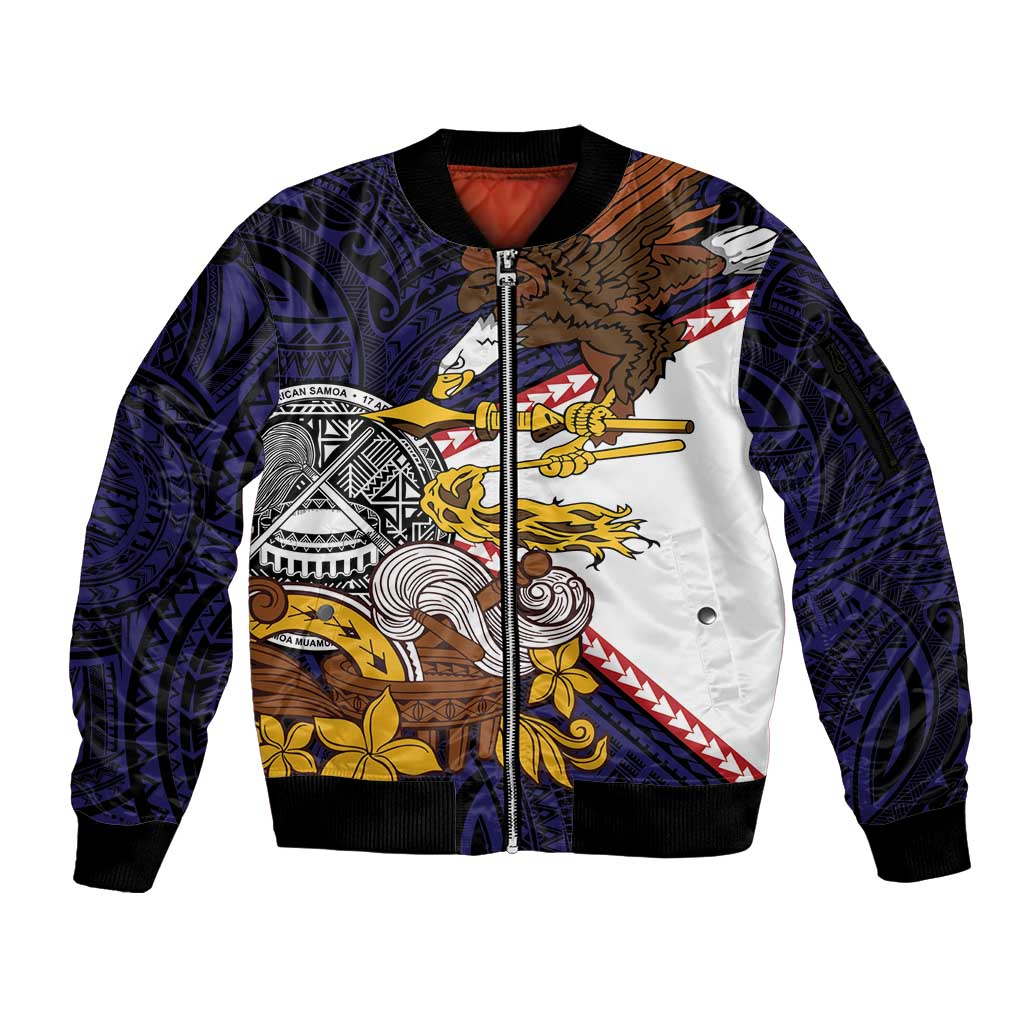 American Samoa Eagle Kava Bowl Sleeve Zip Bomber Jacket Plumeria Polynesian Pattern