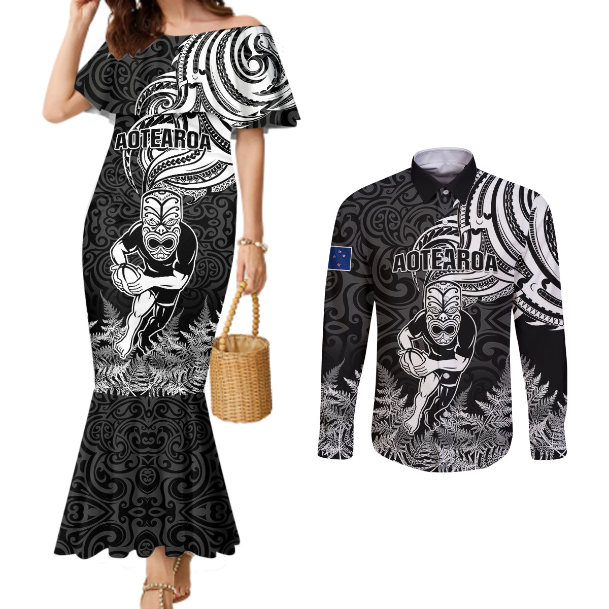 New Zealand Silver Fern Rugby Couples Matching Mermaid Dress and Long Sleeve Button Shirts Maori Tiki Player With Ta Moko Tribal LT01 Black - Polynesian Pride