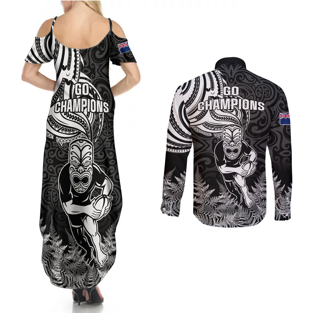 New Zealand Silver Fern Rugby Couples Matching Summer Maxi Dress and Long Sleeve Button Shirts Maori Tiki Player With Ta Moko Tribal LT01 - Polynesian Pride