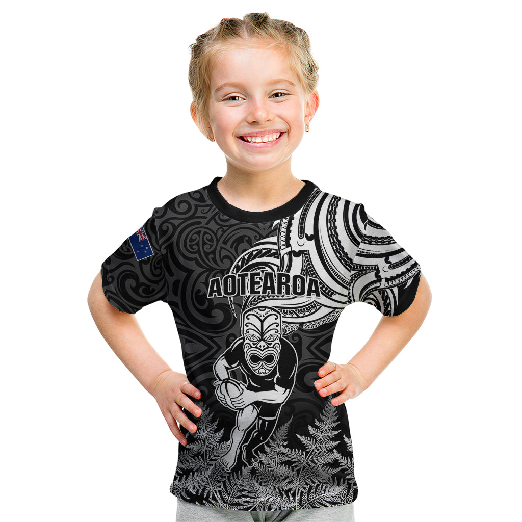 New Zealand Silver Fern Rugby Kid T Shirt Maori Tiki Player With Ta Moko Tribal LT01 Black - Polynesian Pride