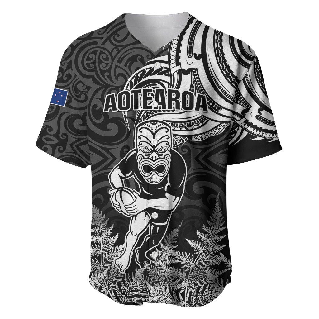 Custom New Zealand Silver Fern Rugby Baseball Jersey Maori Tiki Player With Ta Moko Tribal LT01 Black - Polynesian Pride