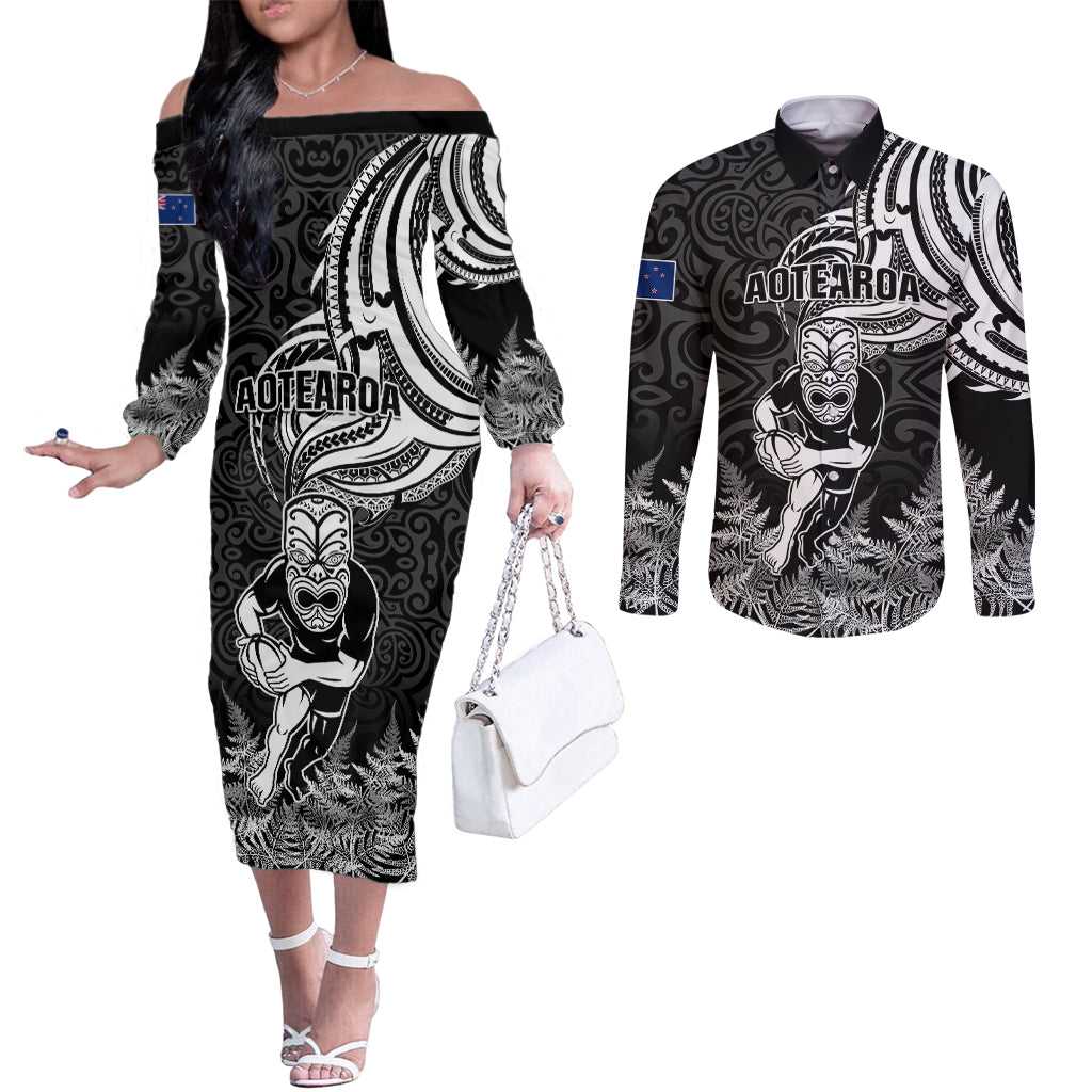 Custom New Zealand Silver Fern Rugby Couples Matching Off The Shoulder Long Sleeve Dress and Long Sleeve Button Shirts Maori Tiki Player With Ta Moko Tribal LT01 Black - Polynesian Pride