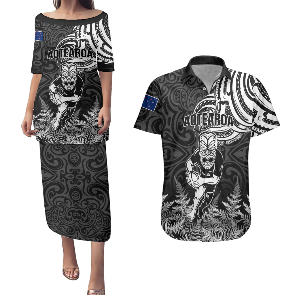 Custom New Zealand Silver Fern Rugby Couples Matching Puletasi Dress and Hawaiian Shirt Maori Tiki Player With Ta Moko Tribal LT01 Black - Polynesian Pride