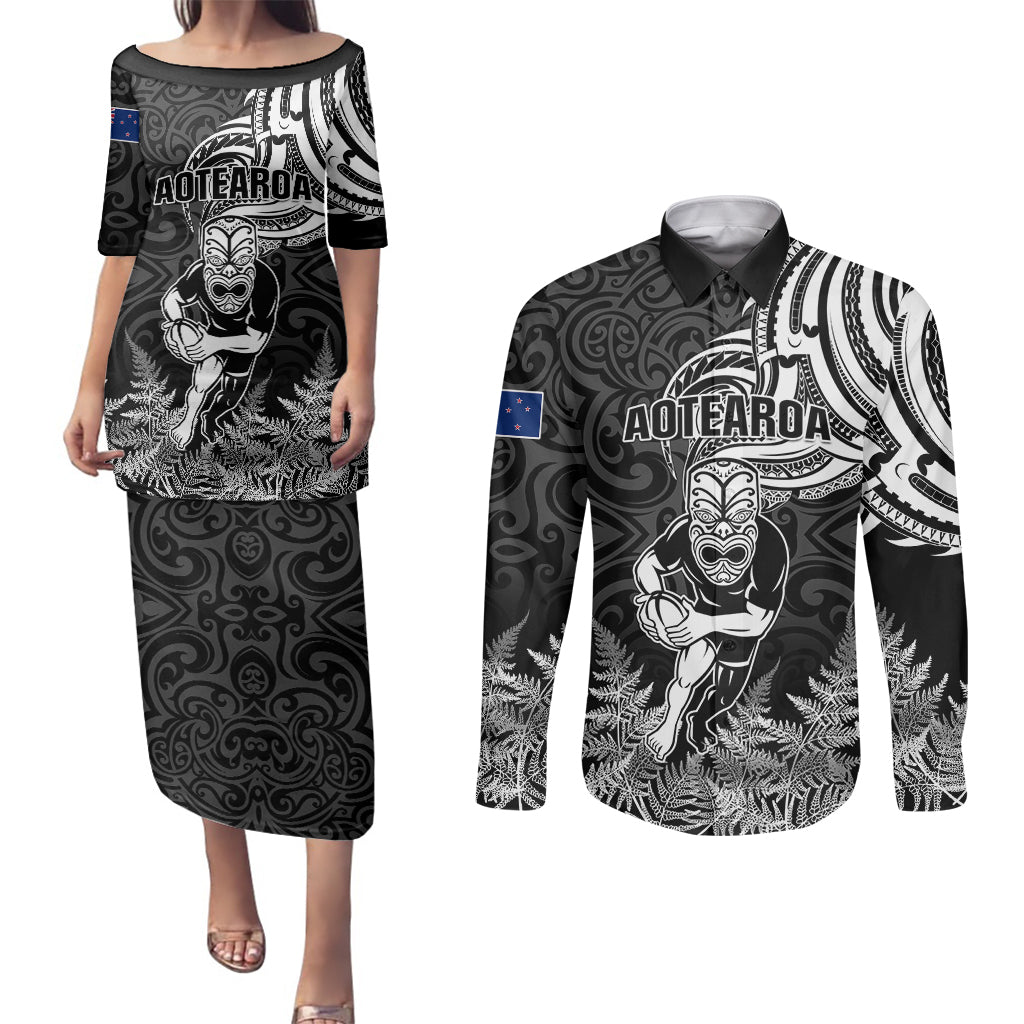 Custom New Zealand Silver Fern Rugby Couples Matching Puletasi Dress and Long Sleeve Button Shirts Maori Tiki Player With Ta Moko Tribal LT01 Black - Polynesian Pride