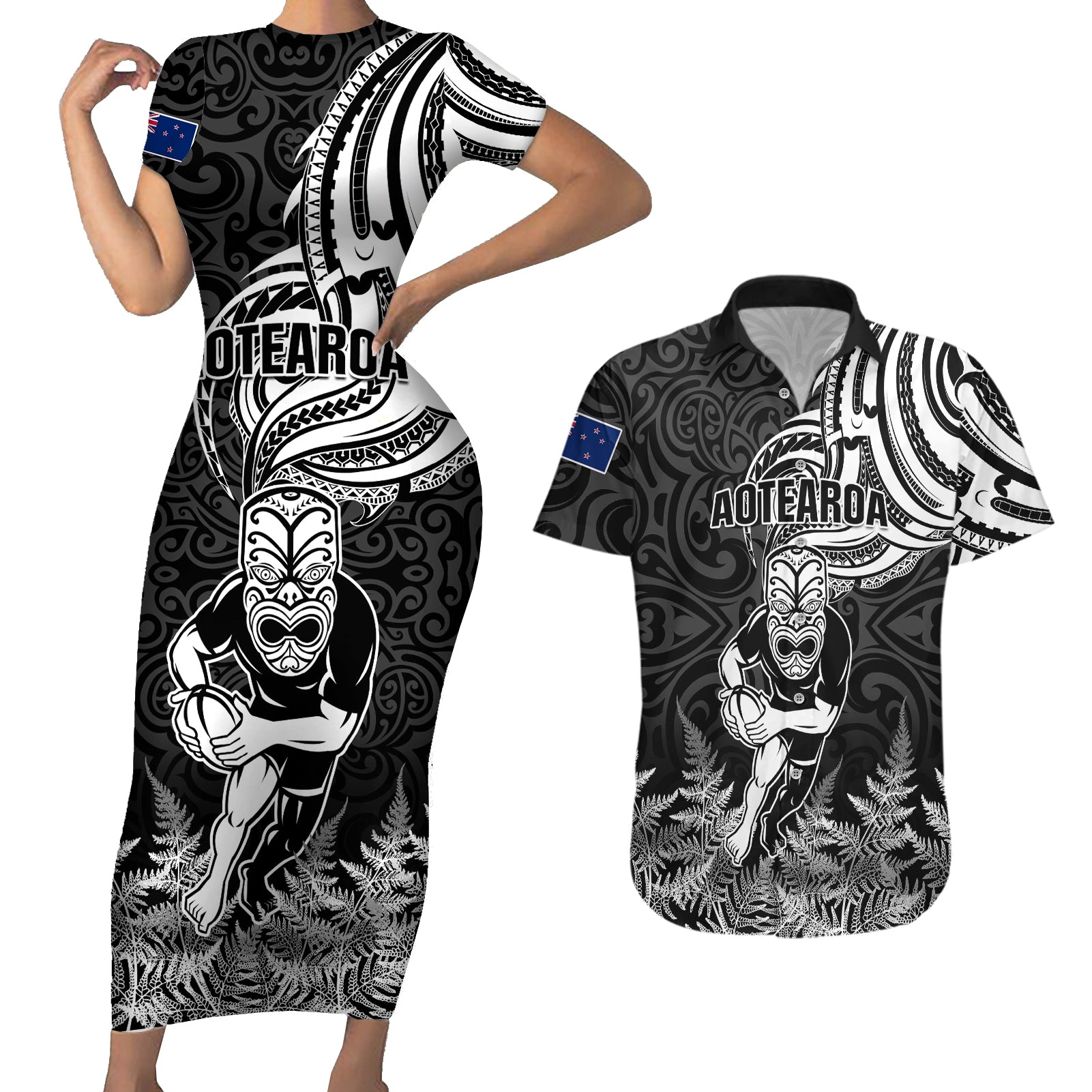 Custom New Zealand Silver Fern Rugby Couples Matching Short Sleeve Bodycon Dress and Hawaiian Shirt Maori Tiki Player With Ta Moko Tribal LT01 Black - Polynesian Pride