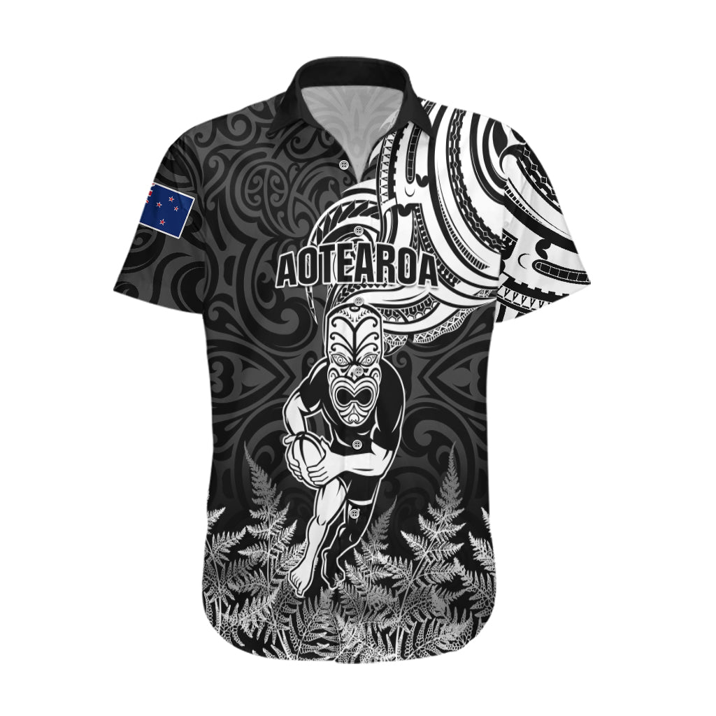 Custom New Zealand Silver Fern Rugby Hawaiian Shirt Maori Tiki Player With Ta Moko Tribal LT01 Black - Polynesian Pride