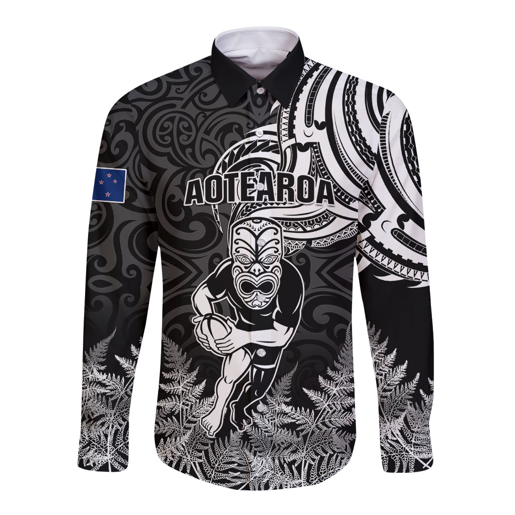 Custom New Zealand Silver Fern Rugby Long Sleeve Button Shirt Maori Tiki Player With Ta Moko Tribal LT01 Unisex Black - Polynesian Pride