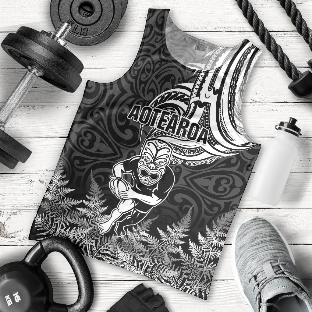 Custom New Zealand Silver Fern Rugby Men Tank Top Maori Tiki Player With Ta Moko Tribal LT01 Black - Polynesian Pride