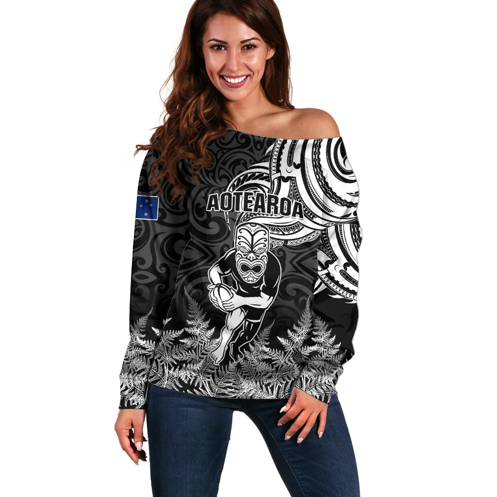 Custom New Zealand Silver Fern Rugby Off Shoulder Sweater Maori Tiki Player With Ta Moko Tribal LT01 Women Black - Polynesian Pride