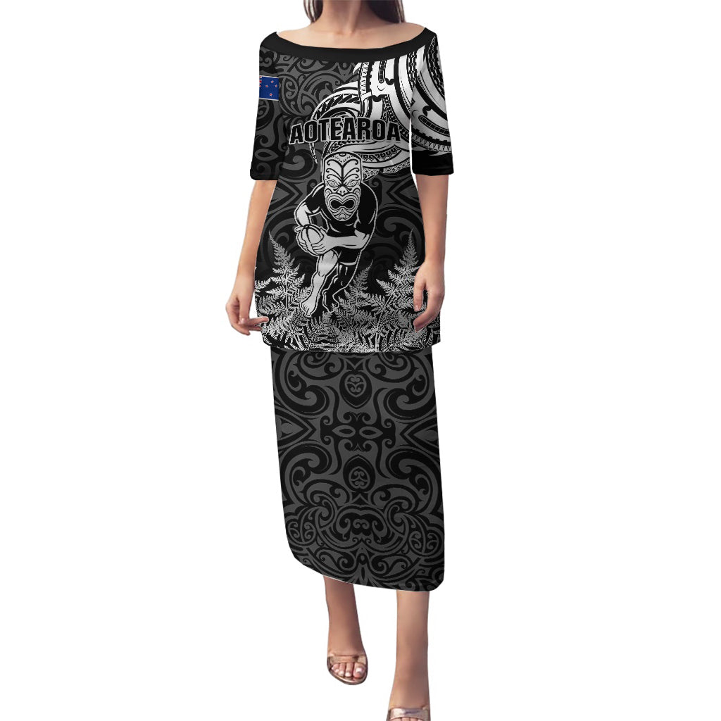 Custom New Zealand Silver Fern Rugby Puletasi Maori Tiki Player With Ta Moko Tribal LT01 Long Dress Black - Polynesian Pride