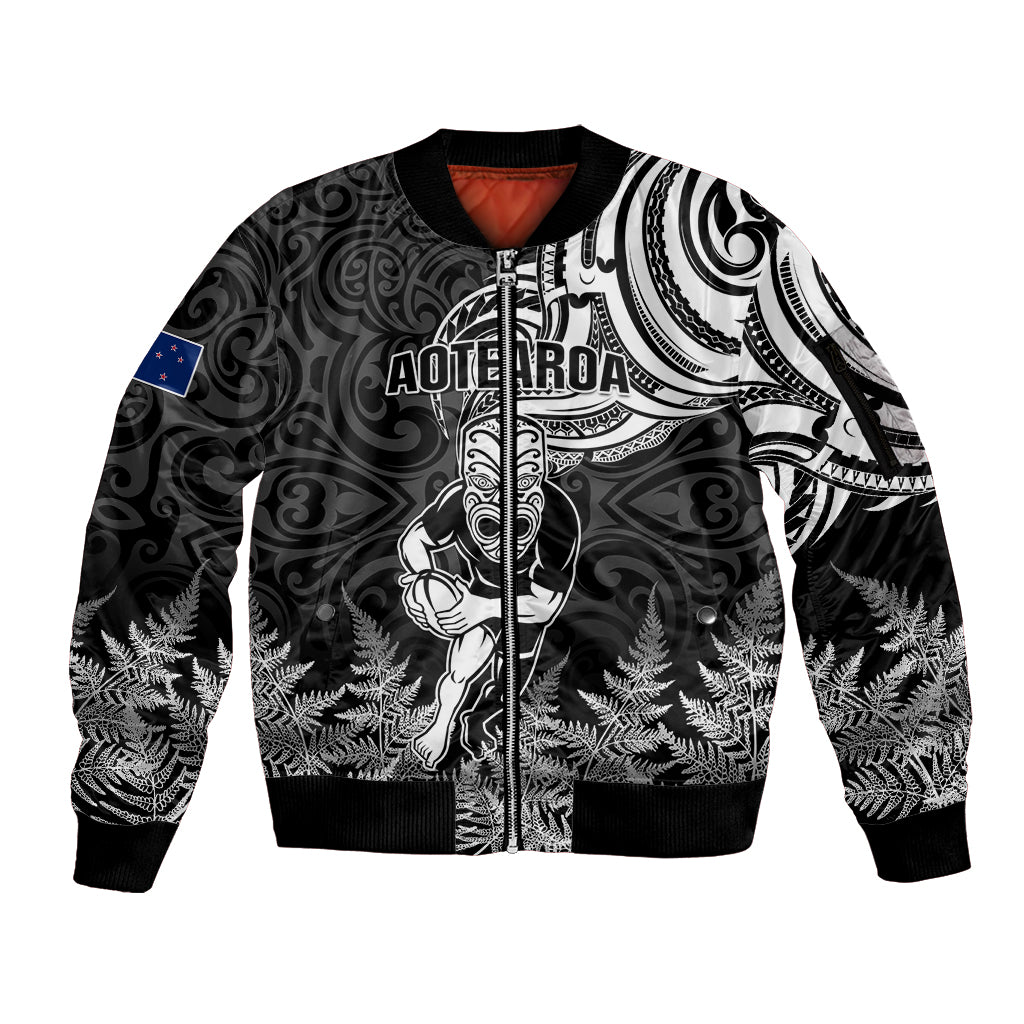 Custom New Zealand Silver Fern Rugby Sleeve Zip Bomber Jacket Maori Tiki Player With Ta Moko Tribal LT01 Unisex Black - Polynesian Pride