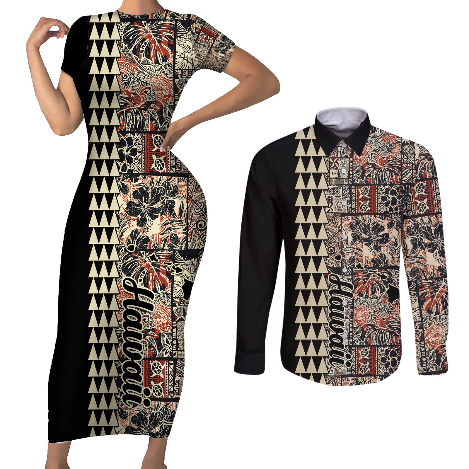 Hawaiian Quilt Couples Matching Short Sleeve Bodycon Dress and Long Sleeve Button Shirt Hibiscus Kakau Vintage Style LT01 Beige - Polynesian Pride