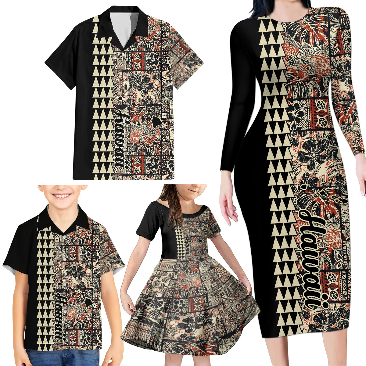 Hawaiian Quilt Family Matching Long Sleeve Bodycon Dress and Hawaiian Shirt Hibiscus Kakau Vintage Style LT01 - Polynesian Pride