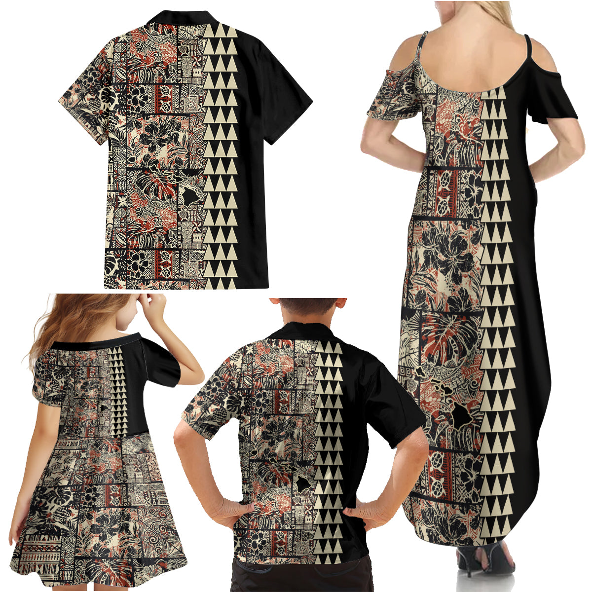 Hawaiian Quilt Family Matching Summer Maxi Dress and Hawaiian Shirt Hibiscus Kakau Vintage Style LT01 - Polynesian Pride