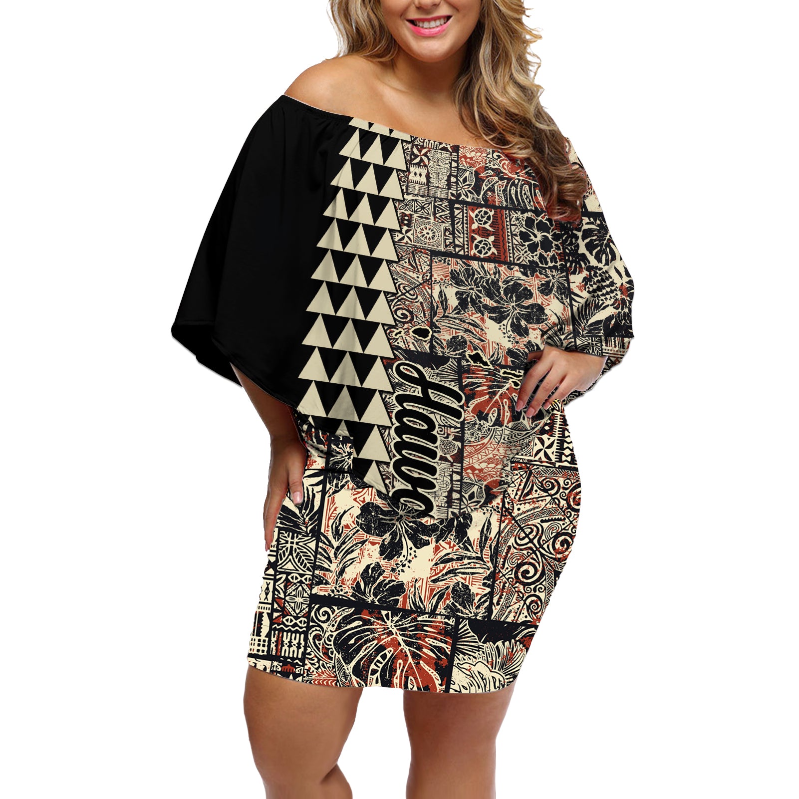 Hawaiian Quilt Off Shoulder Short Dress Hibiscus Kakau Vintage Style LT01 Women Beige - Polynesian Pride