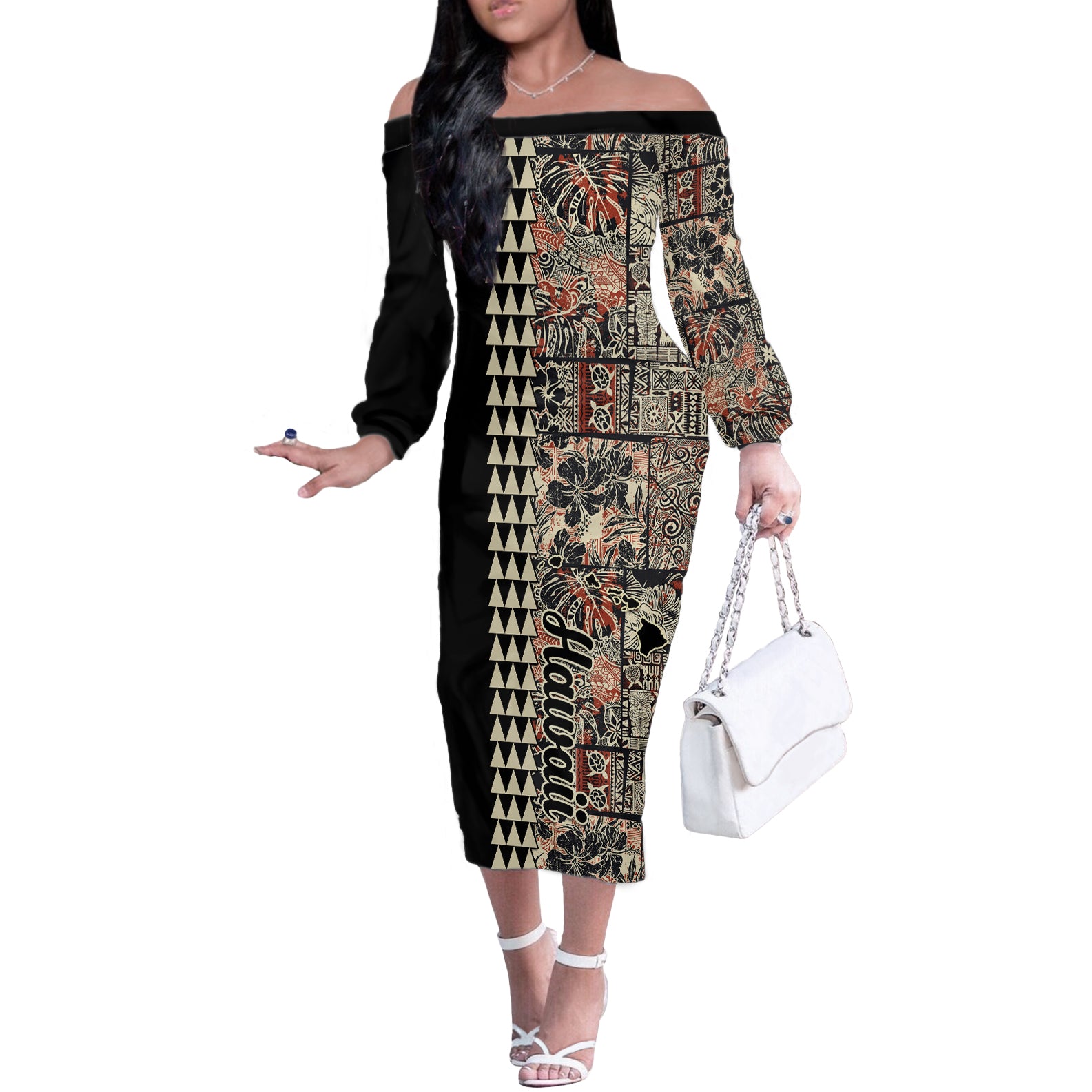 Hawaiian Quilt Off The Shoulder Long Sleeve Dress Hibiscus Kakau Vintage Style LT01 Women Beige - Polynesian Pride