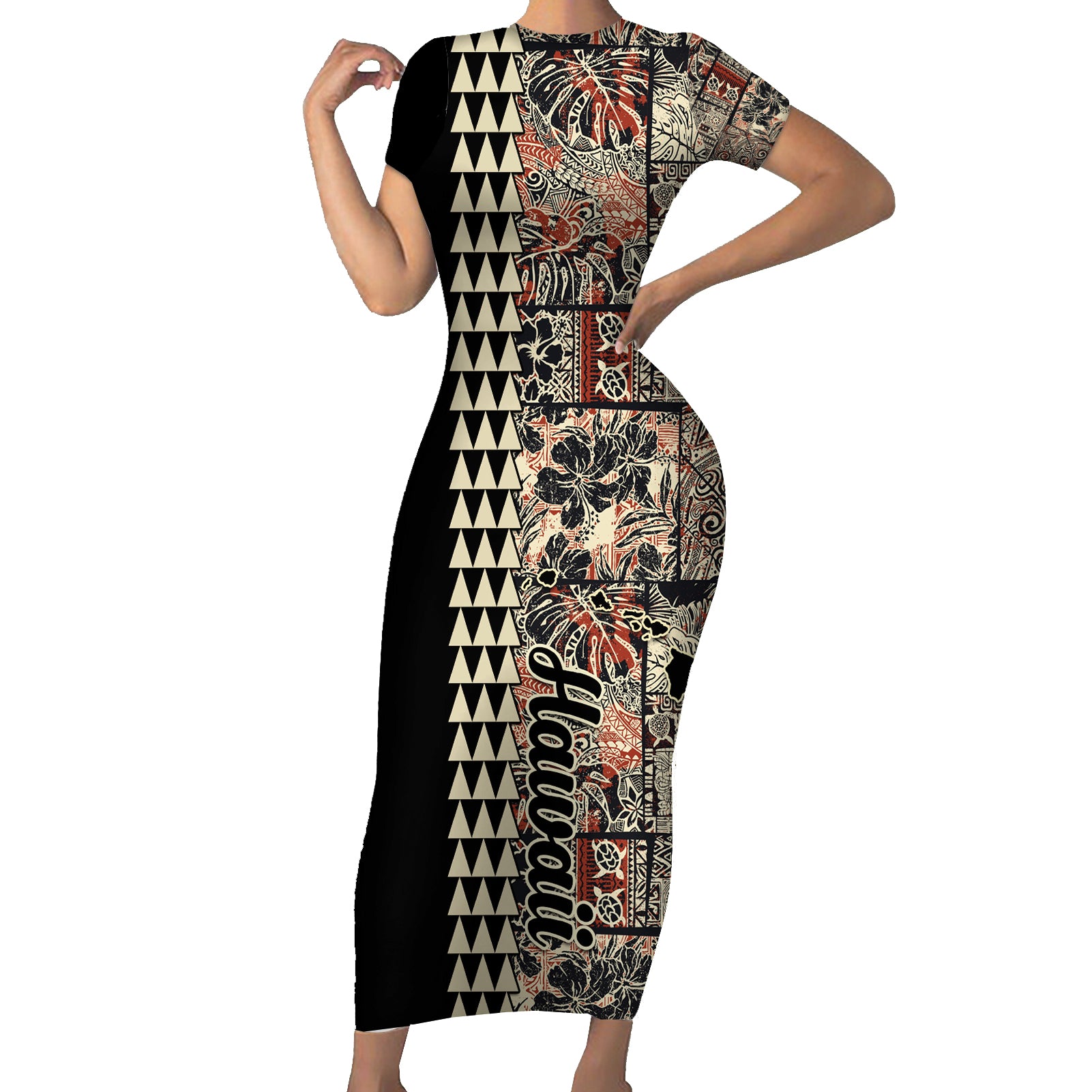 Hawaiian Quilt Short Sleeve Bodycon Dress Hibiscus Kakau Vintage Style LT01 Long Dress Beige - Polynesian Pride