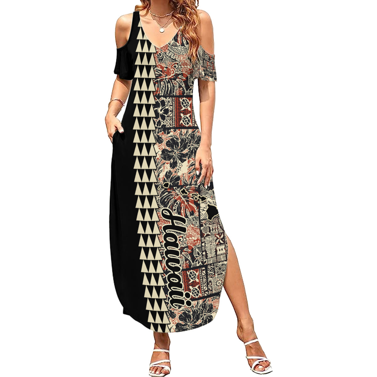 Hawaiian Quilt Summer Maxi Dress Hibiscus Kakau Vintage Style LT01 Women Beige - Polynesian Pride