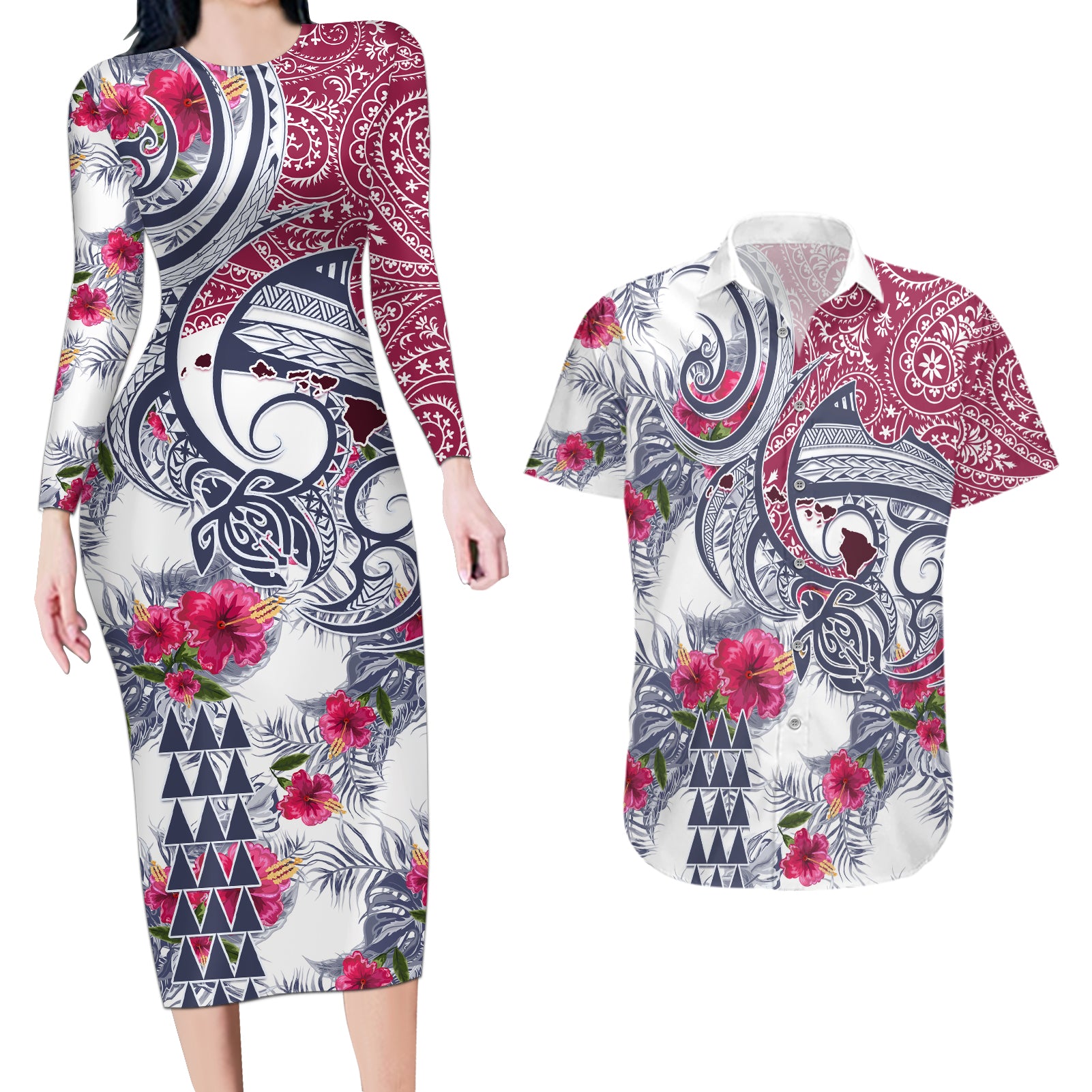 Hawaii Kakau Mix Paisley Pattern Couples Matching Long Sleeve Bodycon Dress and Hawaiian Shirt Polynesian Tropical Unique Style LT01 White - Polynesian Pride