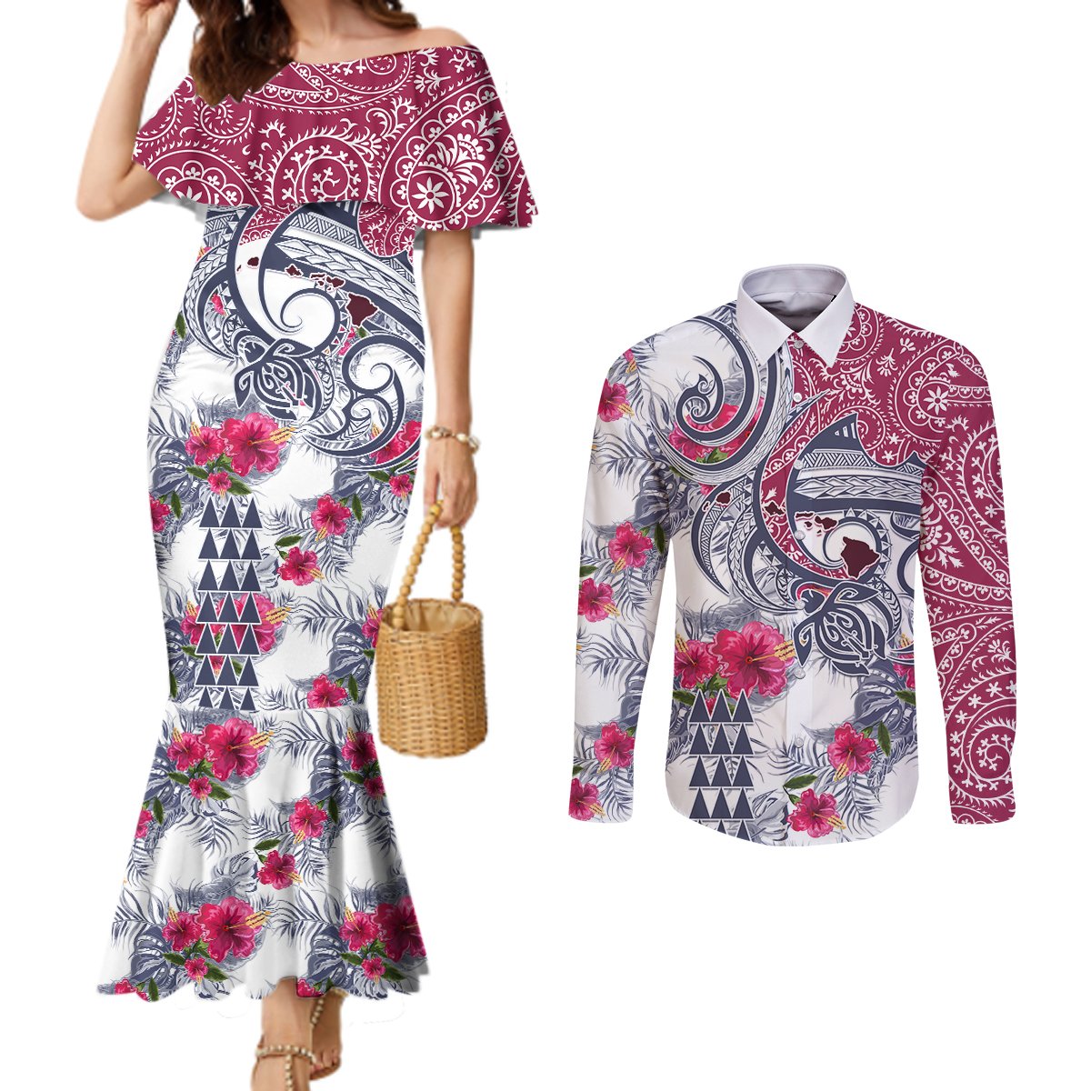Hawaii Kakau Mix Paisley Pattern Couples Matching Mermaid Dress and Long Sleeve Button Shirt Polynesian Tropical Unique Style LT01 White - Polynesian Pride