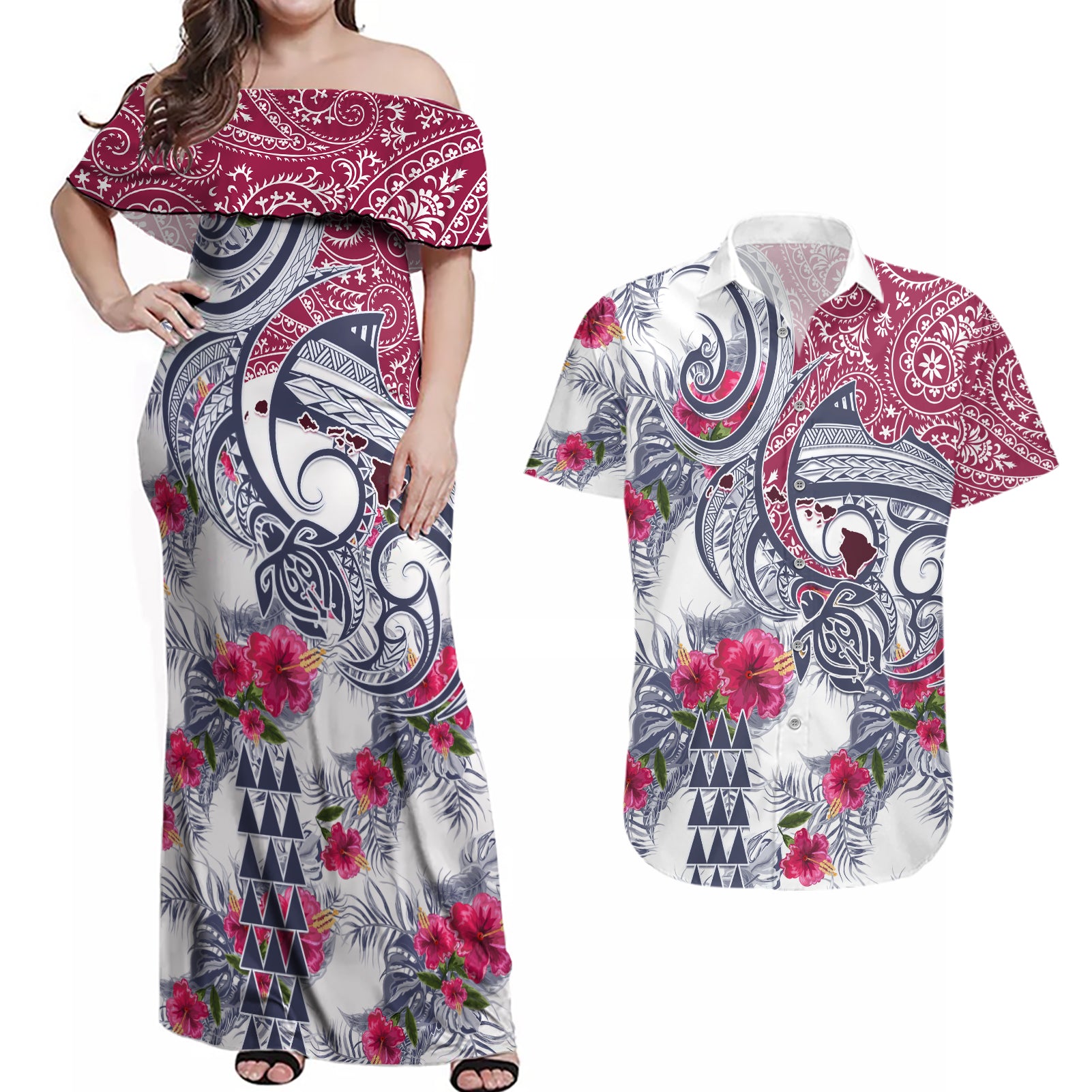 Hawaii Kakau Mix Paisley Pattern Couples Matching Off Shoulder Maxi Dress and Hawaiian Shirt Polynesian Tropical Unique Style LT01 White - Polynesian Pride