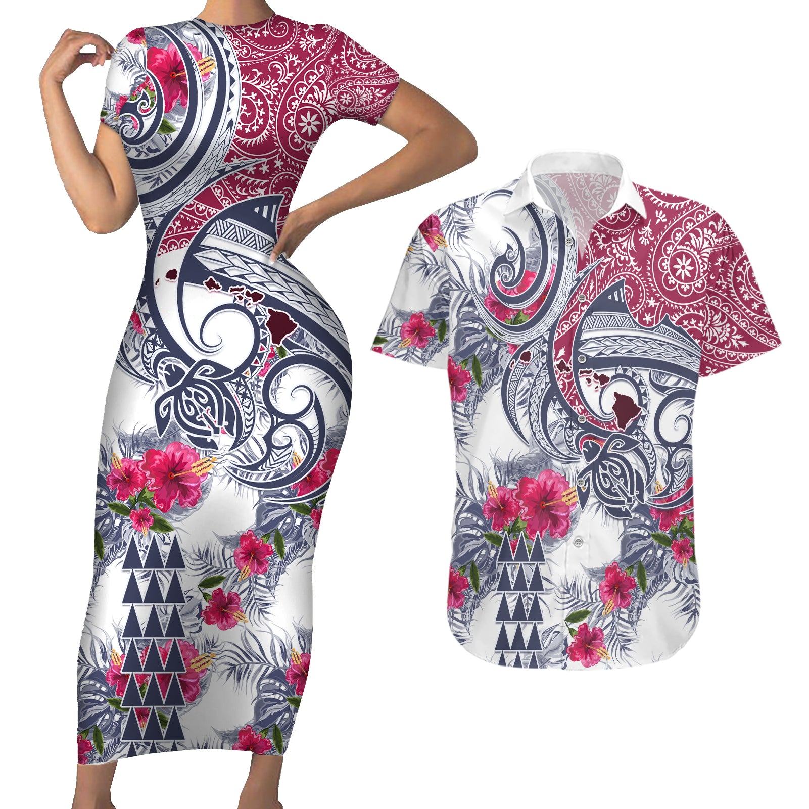 Hawaii Kakau Mix Paisley Pattern Couples Matching Short Sleeve Bodycon Dress and Hawaiian Shirt Polynesian Tropical Unique Style LT01 White - Polynesian Pride