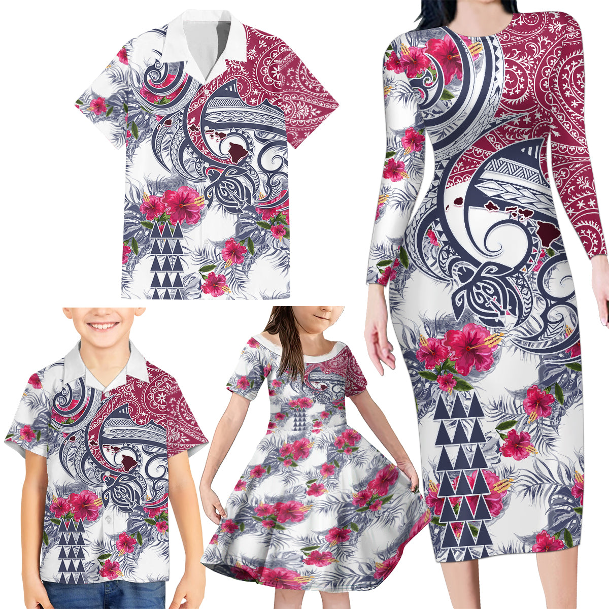 Hawaii Kakau Mix Paisley Pattern Family Matching Long Sleeve Bodycon Dress and Hawaiian Shirt Polynesian Tropical Unique Style LT01 - Polynesian Pride