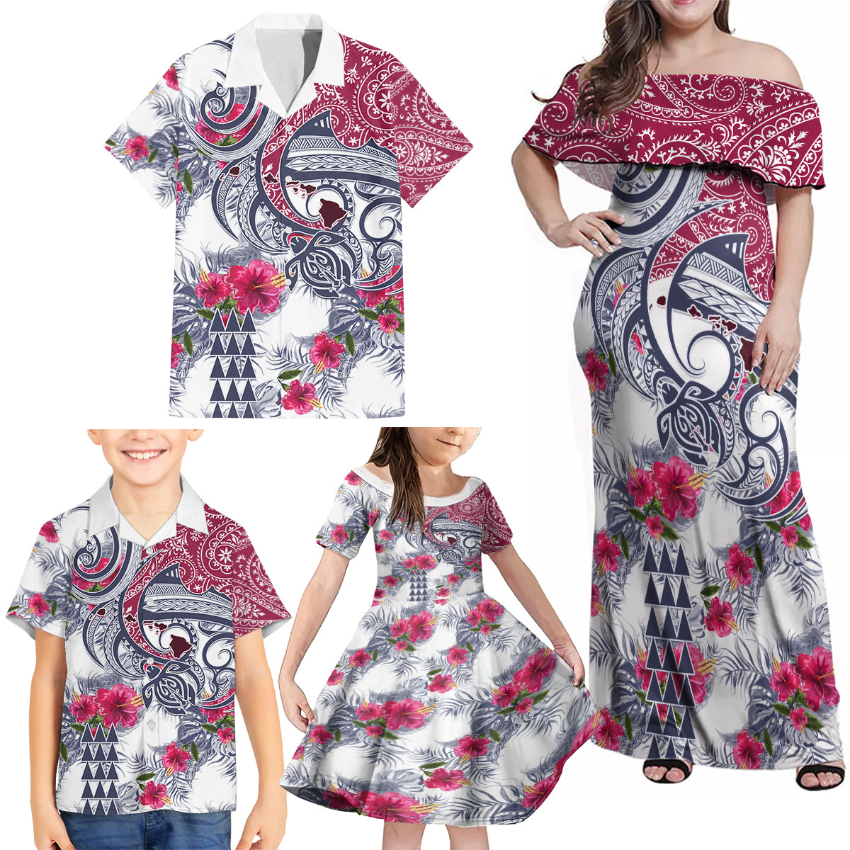 Hawaii Kakau Mix Paisley Pattern Family Matching Off Shoulder Maxi Dress and Hawaiian Shirt Polynesian Tropical Unique Style LT01 - Polynesian Pride