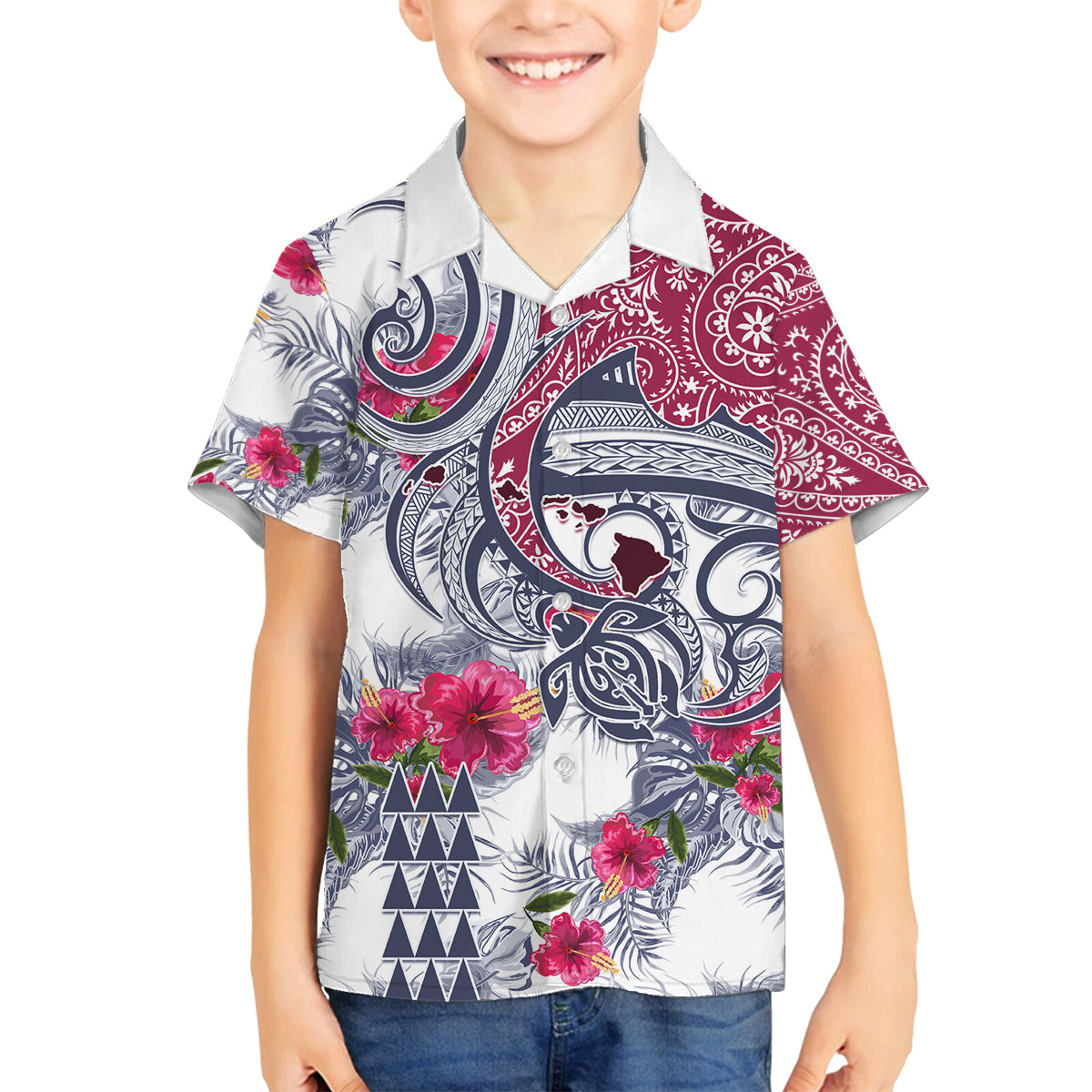 Hawaii Kakau Mix Paisley Pattern Family Matching Off Shoulder Maxi Dress and Hawaiian Shirt Polynesian Tropical Unique Style LT01 Son's Shirt White - Polynesian Pride