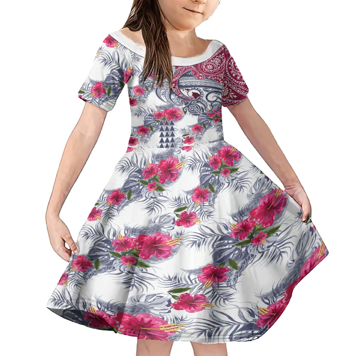 Hawaii Kakau Mix Paisley Pattern Kid Short Sleeve Dress Polynesian Tropical Unique Style LT01 KID White - Polynesian Pride